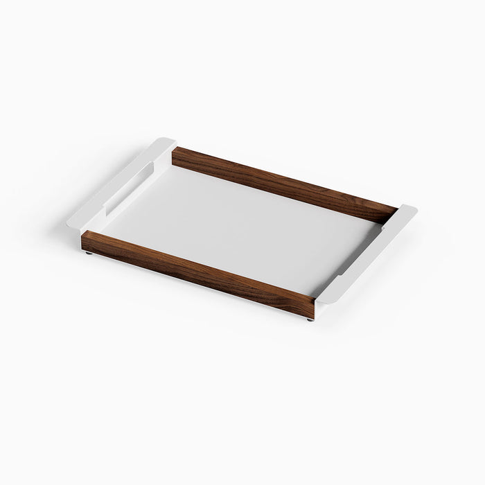 Slide Serving Tray combining smooth walnut hardwood side rails with a sleek white steel base and integrated handles for stylish serving and display.