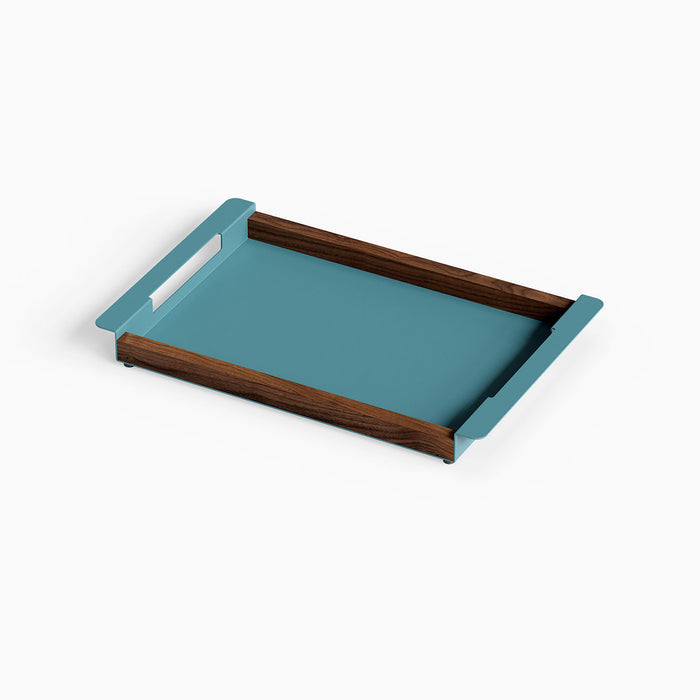 Slide Serving Tray featuring a mixed-material design with a steel blue tray base and solid walnut wood sides for stylish serving and display.