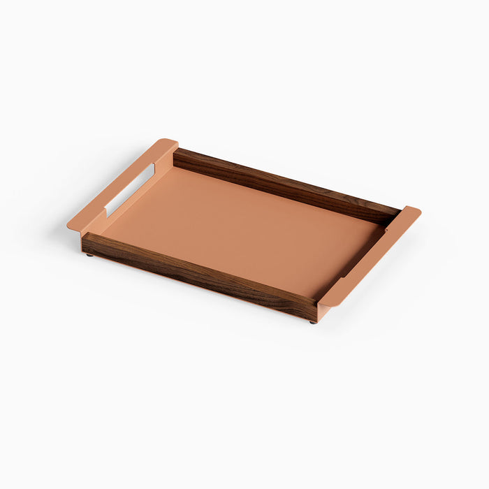 Slide Serving Tray with a warm clay-colored steel base and solid walnut hardwood sides for modern, functional serving and display.