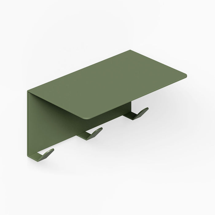 Green Splendid Shelf + Coat Hooks with minimalist metal design features three hooks beneath a flat wall-mounted shelf, ideal for organized, stylish spaces.