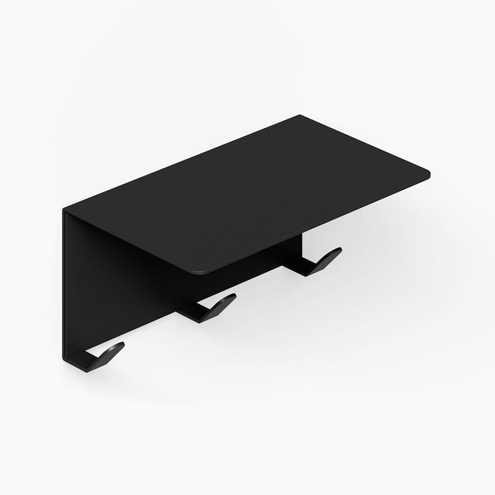 Splendid Shelf + Coat Hooks in matte black metal with three streamlined hooks and an upper shelf for minimalist wall organization.