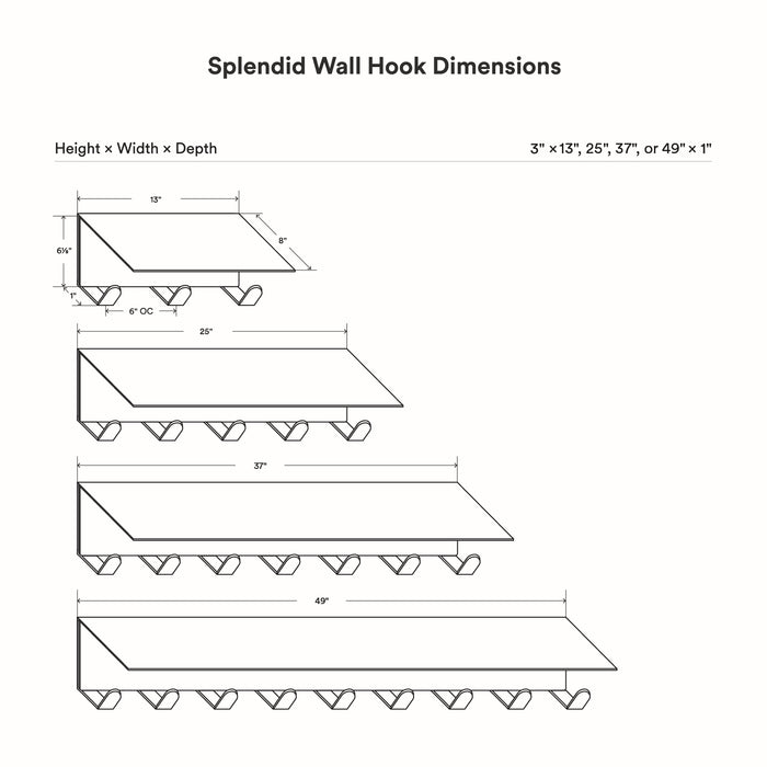Technical line drawing showing dimension variations for Splendid Shelf + Coat Hooks, with multiple lengths featuring stainless steel hooks beneath a slim floating shelf.