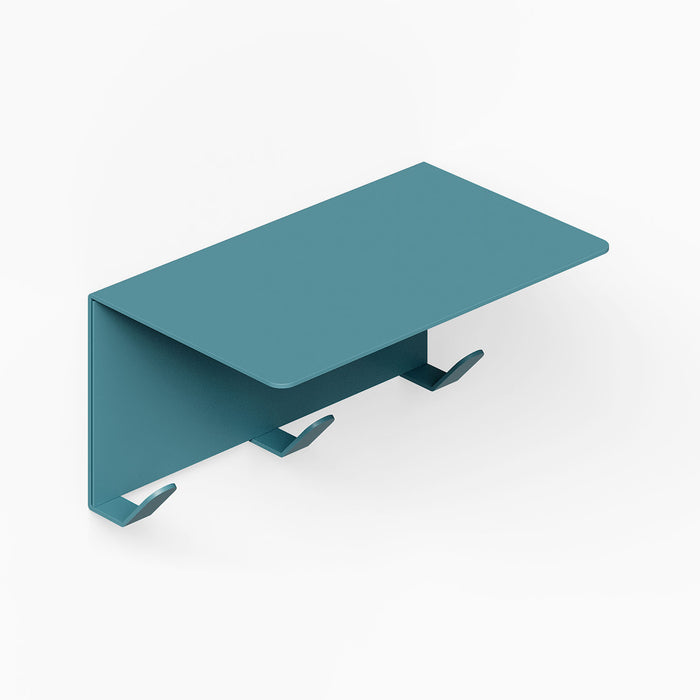 Minimalist teal metal wall shelf with three coat hooks, combining durable design and functionality for organized living spaces, Splendid Shelf + Coat Hooks