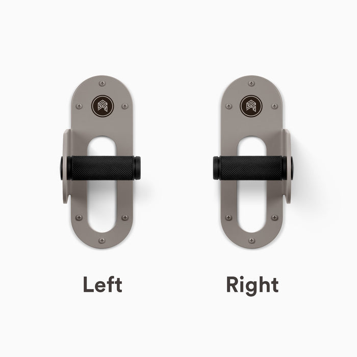 Two Spoke Bike Hangers _ arsenic color, Right  and left orientation. Modern wall or ceiling-mounted bike hanger by Shelfology, USA-made powder coated steel. writtne description of "right" or "left" below each hanger