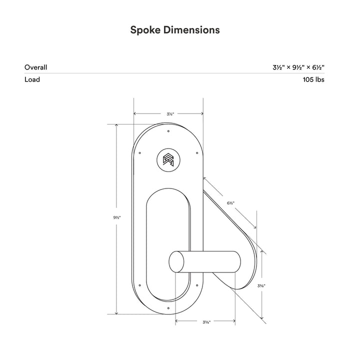 Spoke Bike Hanger technical line drawing with measurements and load capacity for wall-mounted bike storage solution