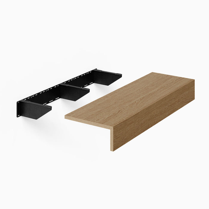 Steddy FM Floating Bench Bracket in black steel paired with a solid hardwood bench seat, designed for sturdy, minimalist floating bench installations.