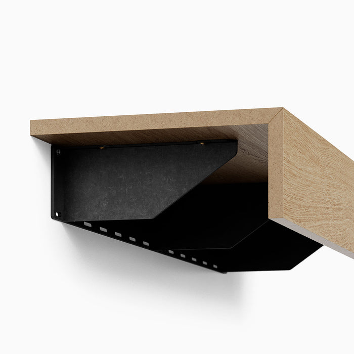 Steddy FM Floating Bench Bracket in solid steel with a low-profile design, supporting a wood bench for durable floating shelf hardware.