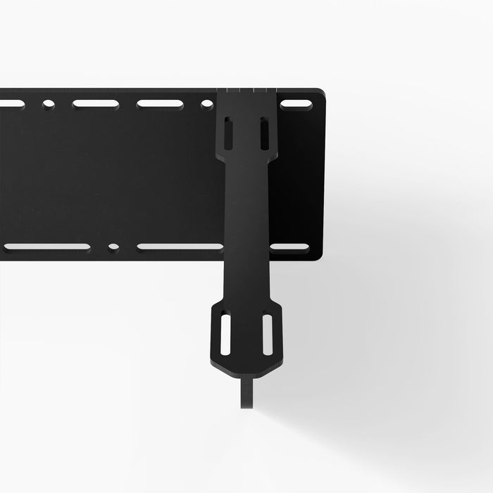 Steddy FM Floating Bench Bracket in black steel featuring multiple mounting slots for strong, low-profile support of custom floating shelves and wood benches.