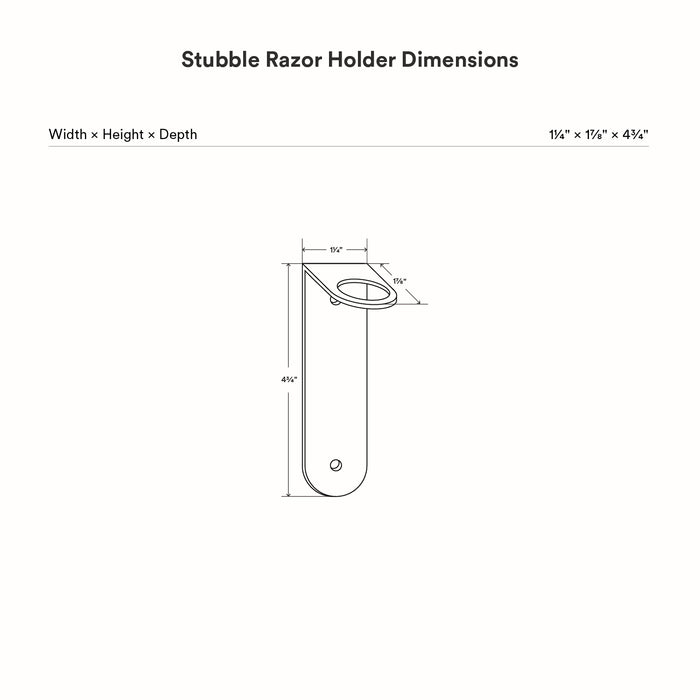 Technical line drawing showing dimensions of the Stubble Razor Holder with measurements for width, height, and depth in inches