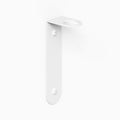 Minimalist white metal floating shelf bracket with two screw holes and a circular cutout for secure wall mounting and support.