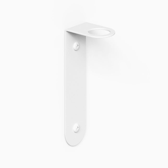 Minimalist white metal floating shelf bracket with two screw holes and a circular cutout for secure wall mounting and support.