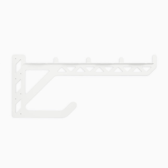 Studly 2x6 Utility Bracket in white steel with geometric cutouts and integrated hook for versatile floating shelf hardware and wall display