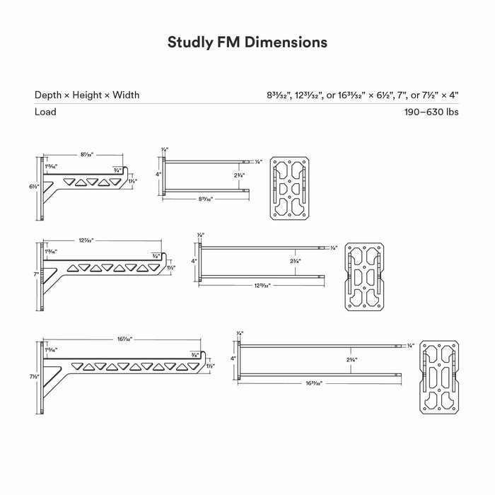 Studly FM Utility Bracket line drawing showing multiple size options and weight capacities for heavy-duty wall shelf support