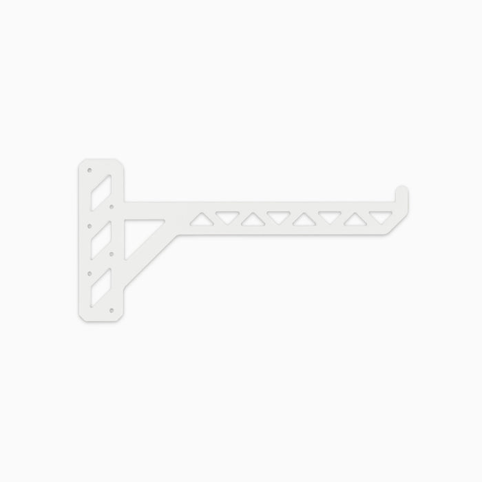 Studly Utility Bracket in white steel with triangular cutouts for strong, functional wall shelf hardware and storage support