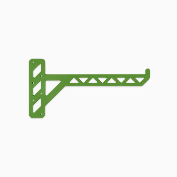 Studly Utility Bracket in green steel with triangular cutouts for durable, functional wall shelf hardware and storage support