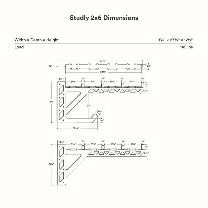 Studly Wall Storage System 2x6 Bracket technical drawing showing detailed dimensions and load capacity for precise installation of durable floating shelf hardware.