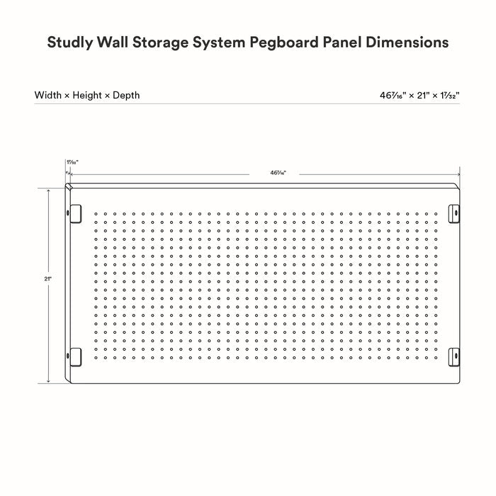 Studly Wall Storage System Pegboard Panel technical drawing showing precise width, height, depth measurements for tool organization and display.