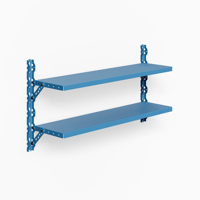 Studly Wall Storage System Steel Shelf Bracket in blue steel, featuring two sturdy shelves and adjustable support brackets for durable, minimalist wall shelving.