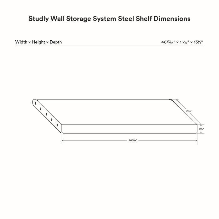 Technical line drawing showing dimensions of the Studly Wall Storage System Steel Shelf with detailed width, height, and depth measurements.