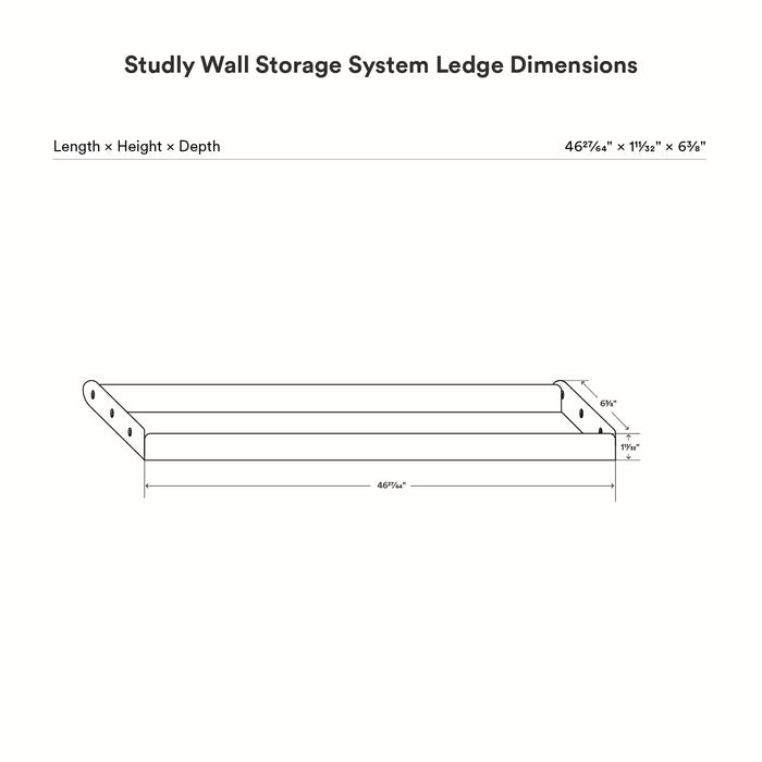 Technical drawing of the Studly Wall Storage System Steel Tray showing precise length, height, and depth dimensions for installation and organization.