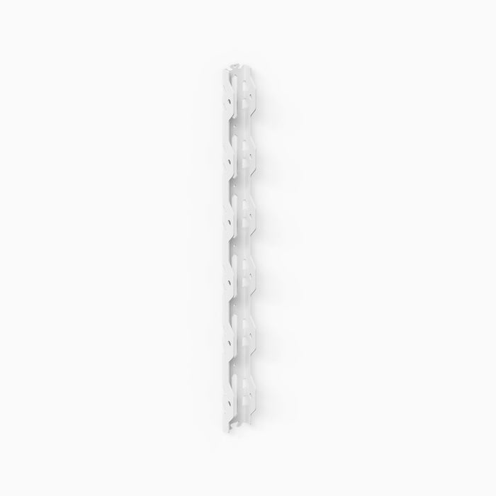 Studly Wall Storage System Vertical Rail in white powder-coated heavy-duty steel, designed as the durable backbone for customizable wall shelves and display ledges by Shelfology.