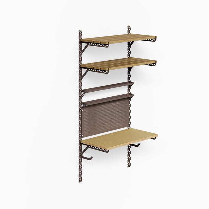 Studly Wall Storage Workbench & Tray system in mixed wood and dark metal, featuring adjustable shelves, a workbench surface, hooks, and a pegboard for organized wall storage.