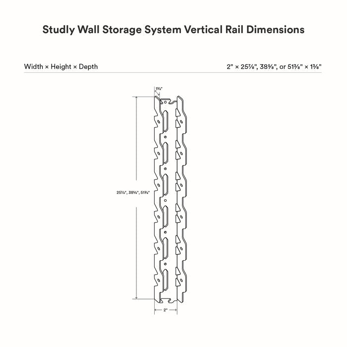 Studly Wall Storage System Vertical Rail drawing showing vertical steel rail with multiple hook slots, available in three height options for customizable wall organization.