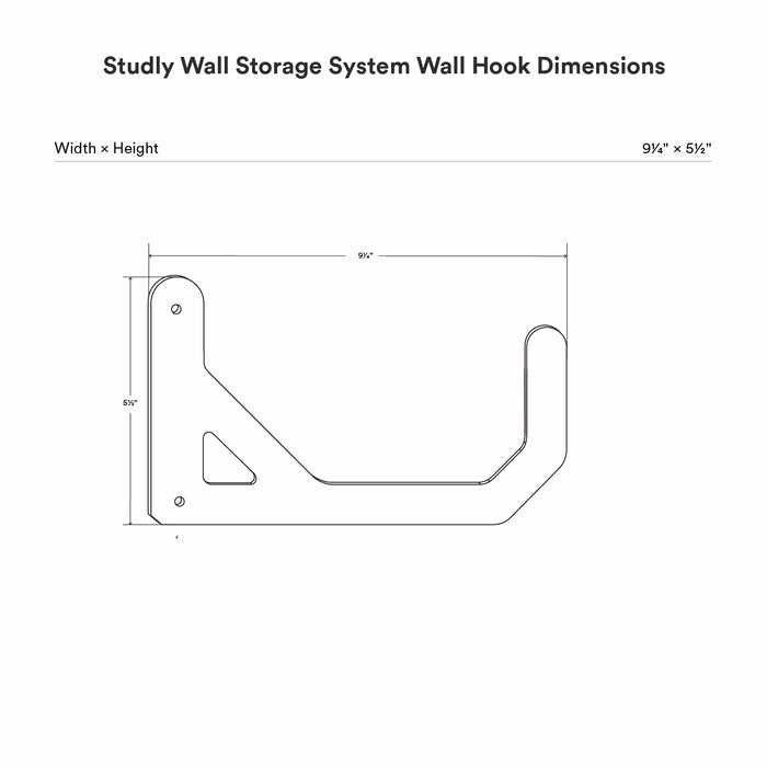 Technical line drawing showing precise dimensions of Studly Wall Storage System Ceiling Hook (Copy) with wall hook shape and measurements in inches.