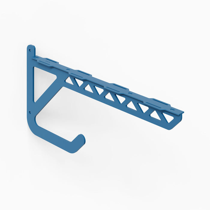 Studly Wall Storage Bench Bracket in blue metal with triangular cutouts and a curved hook designed for versatile wall organization and display.