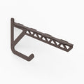 Studly Wall Storage Bench Bracket in dark metal with triangular cutouts and hook, designed for durable wall storage and organization.