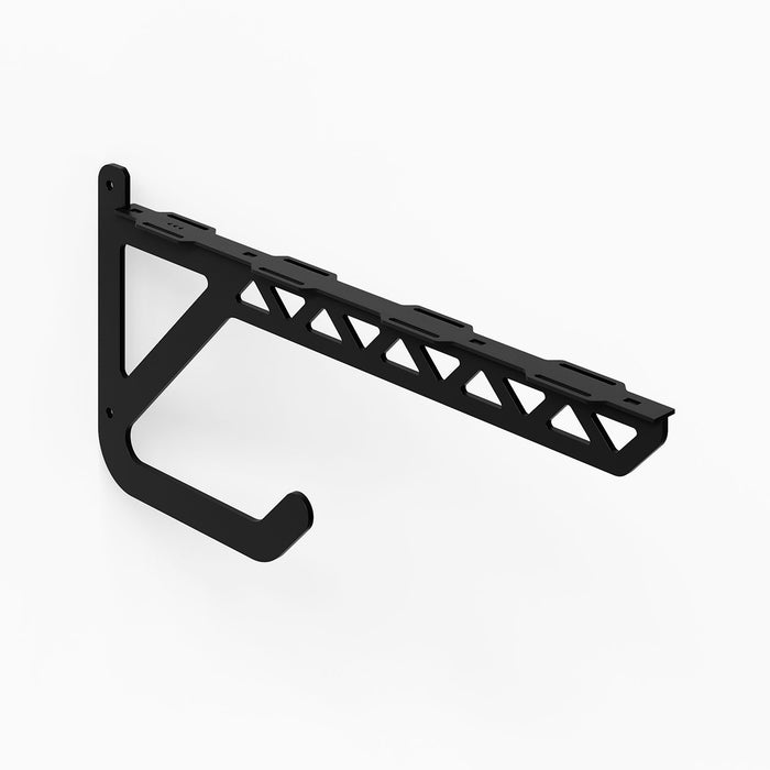 Studly Wall Storage Bench Bracket in black steel with a hook, designed for durable and functional wall storage and display solutions.