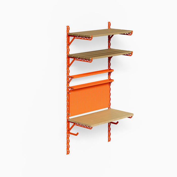 Studly Wall Storage Workbench & Tray system with orange steel frame and wood shelves, designed for durable, versatile wall organization and display.