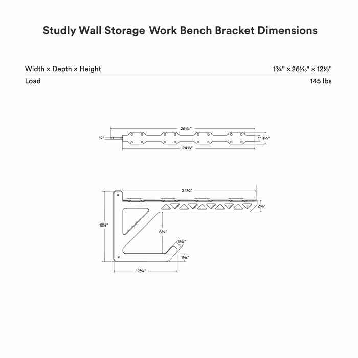 Studly Wall Storage Work Bench Bracket technical drawing showing precise dimensions and load capacity, ideal for durable wall shelves.