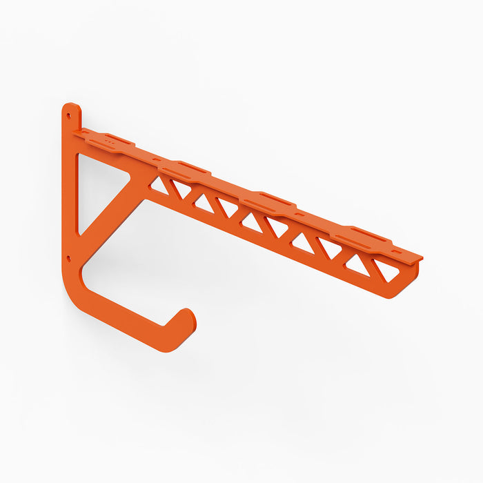 Studly Wall Storage Bench Bracket in orange metal, featuring a sturdy triangular design with integrated hook for versatile wall storage and organization.