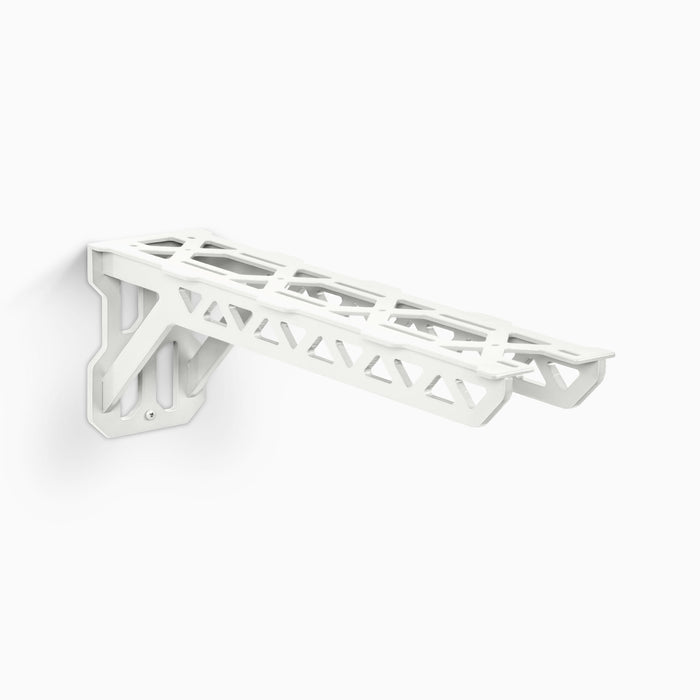 Studly Workbench Utility Bracket in white steel with industrial, low-profile design for strong floating shelf support by Shelfology