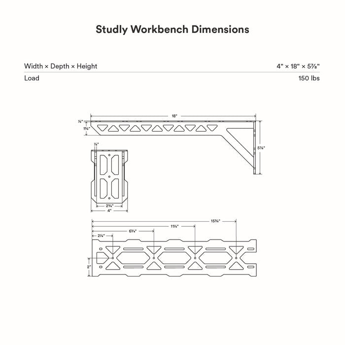 Studly Workbench Utility Bracket dimensional drawing showing wall mounted bracket profiles and measurements for workbench installation