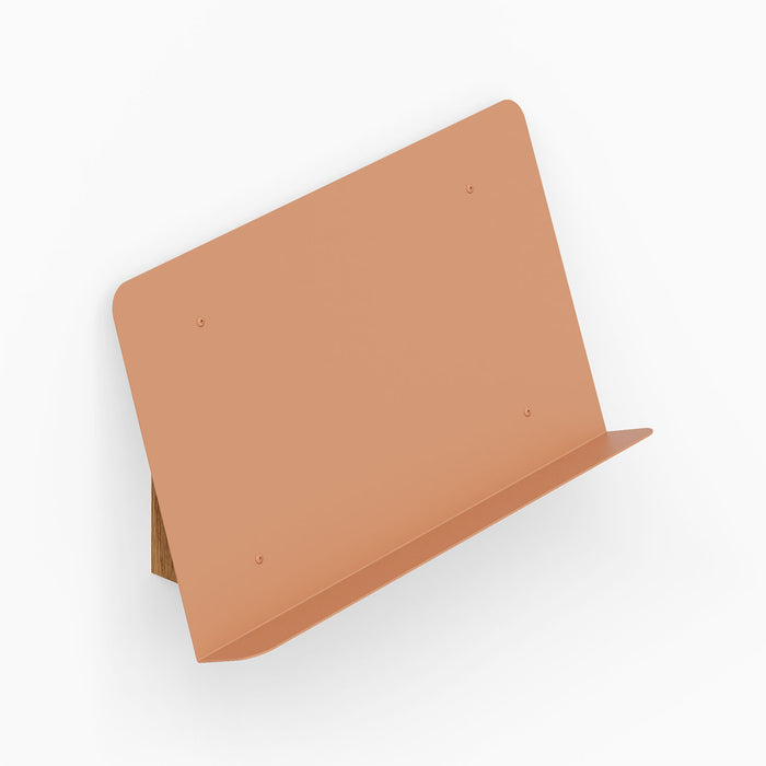 The Edit Book +Magazine Display in muted clay color with a minimalist metal shelf and wooden back support for stylish wall organization.