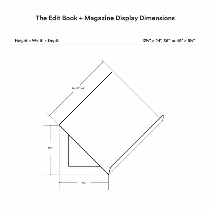 Technical line drawing showing dimensions and structure of The Edit Book +Magazine Display designed for wall mounting and organizing books or magazines.