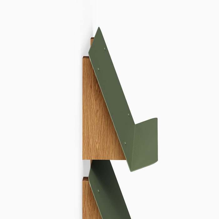 The Edit Book +Magazine Display featuring green metal display ledges mounted on a solid hardwood wall panel for minimalist organization and style.