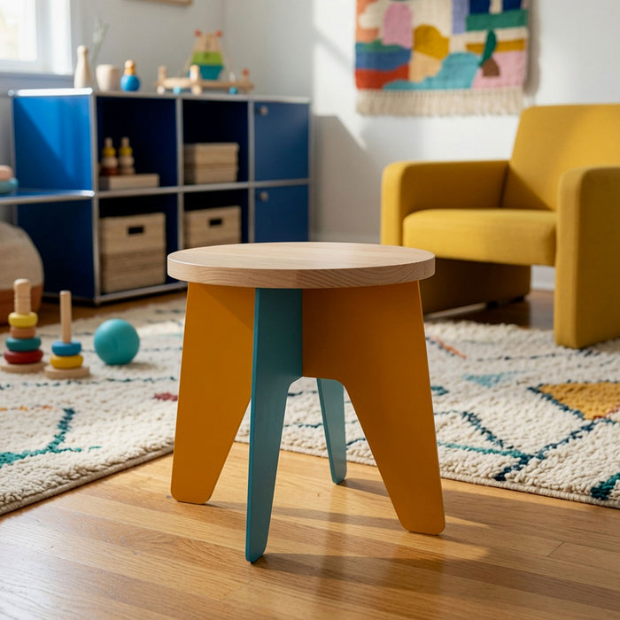 Modern Time Out Kids Stool with mixed-material wood and steel construction in bright blue and orange, placed in a colorful, organized playroom.