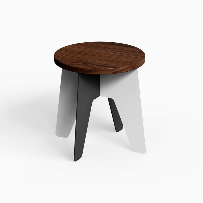Time Out Kids Stool featuring a round walnut wood top with contrasting black and white sturdy legs, minimalist design for child-friendly spaces.
