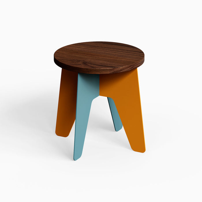 Time Out Kids Stool with a round dark wood top and three sturdy legs in blue and orange, featuring a minimalist, durable design.