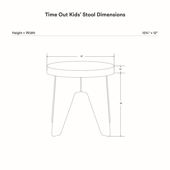 Technical line drawing showing dimensions of the Time Out Kids Stool, highlighting height of 12 1/4 inches and width of 12 inches for this minimalist wooden stool design.