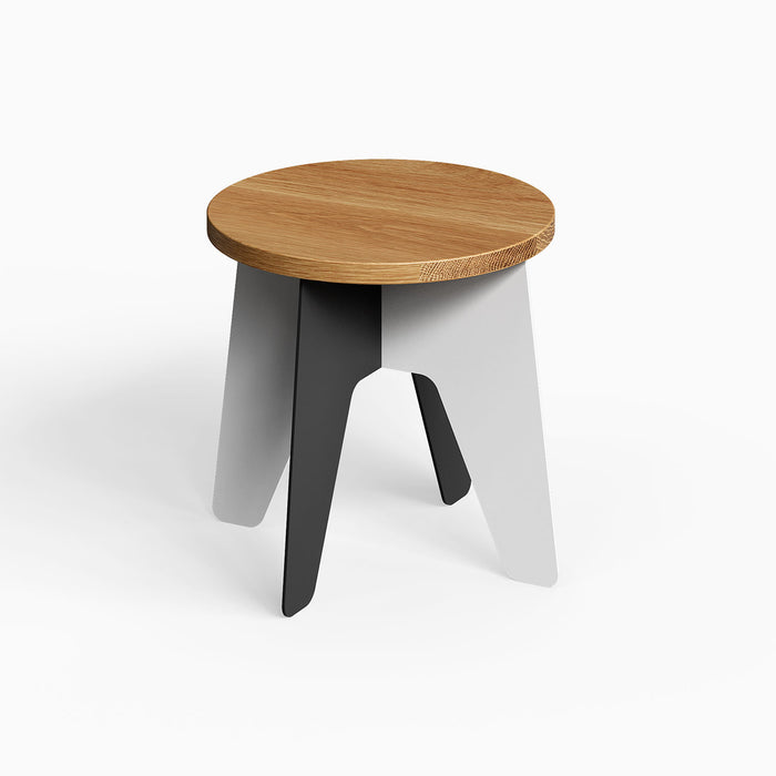 Time Out Kids Stool with a round natural wood top and three sturdy legs in contrasting black and white, minimalist design for versatile use.