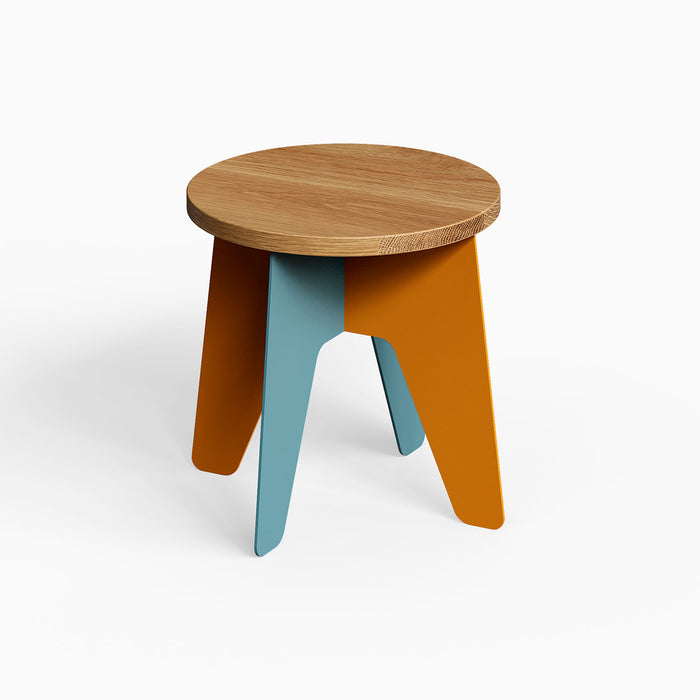 Time Out Kids Stool with a smooth round solid hardwood top and sturdy angled legs in blue and orange, designed for durability and style.