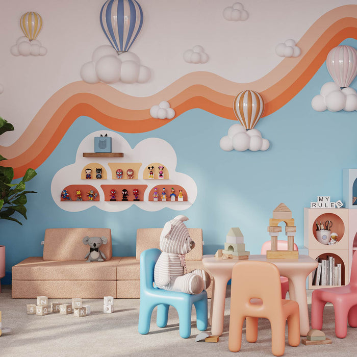 Tony Tony Tony Concave Shelf in rust-red steel displaying colorful toys against a playful kids’ room wall mural