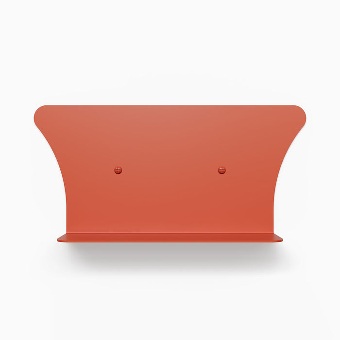 Tony Tony Tony Concave Shelf in rust-red steel with smooth curves for functional wall display and organization