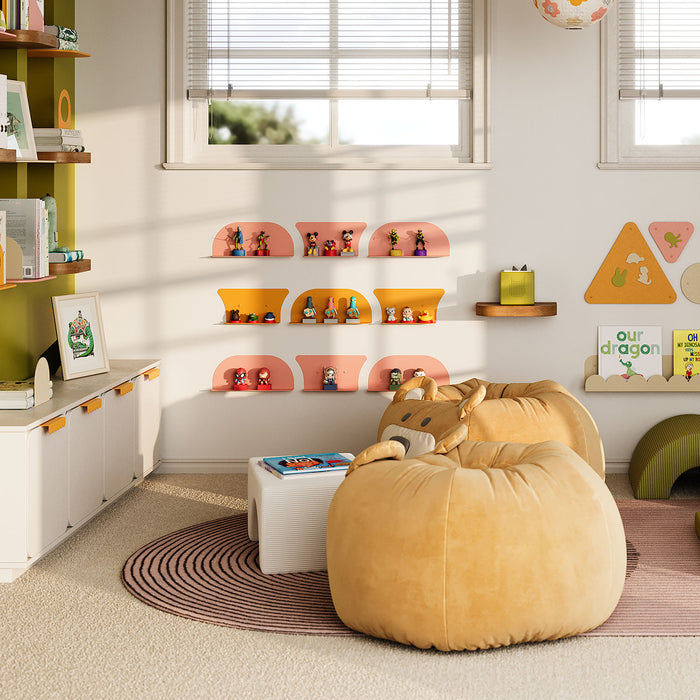 Tony Tony Tony Shelf Bundle displaying colorful toys on mixed-material wall shelves in a bright, organized kids’ room setting