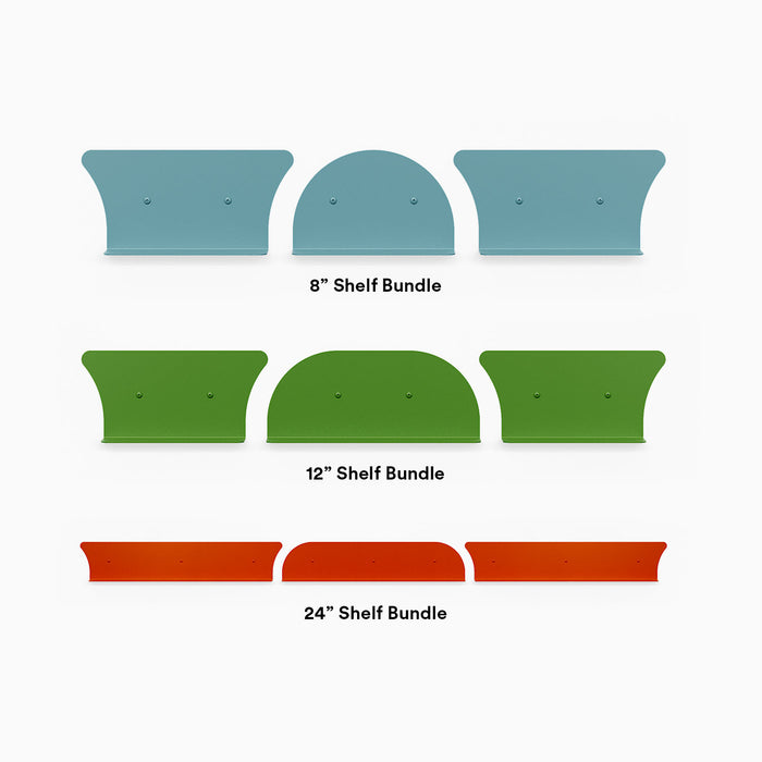 Tony Tony Tony Shelf Bundle featuring colorful convex and concave floating shelf brackets in multiple sizes for wall display