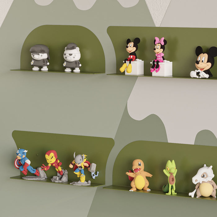 Tony Tony Tony Shelf Bundle in olive steel with smooth curved shapes displaying collectible figures for playful organization